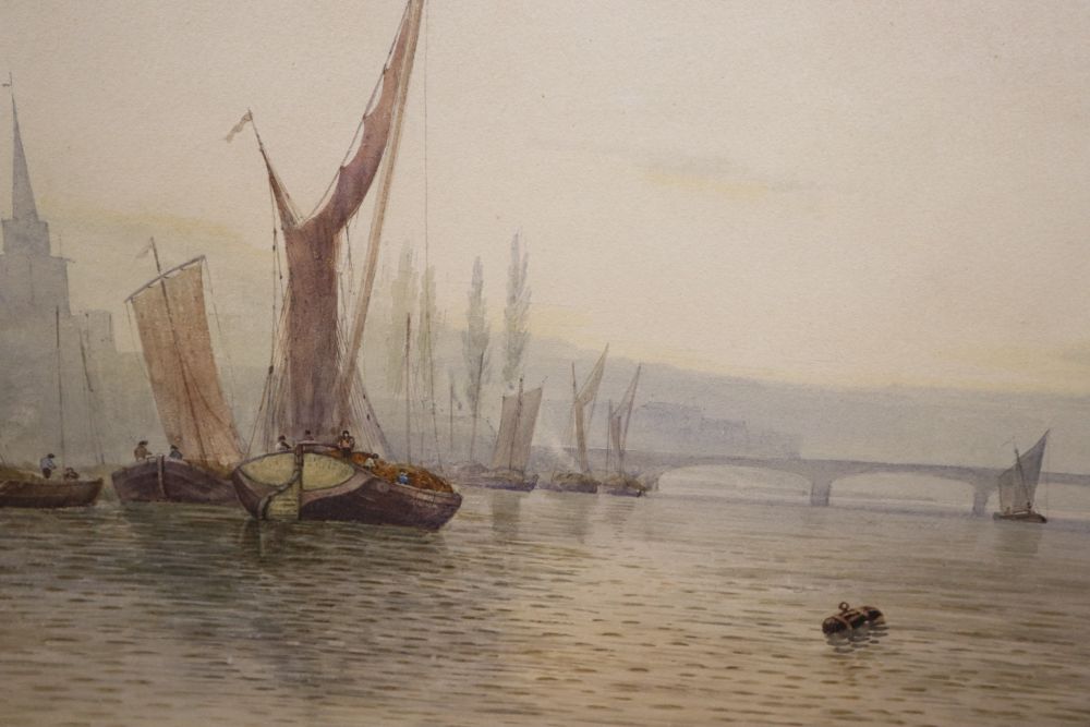 William Edward Webb (1862-1903), river scene with barges and a distant bridge, signed and dated 79 and a modern watercolour